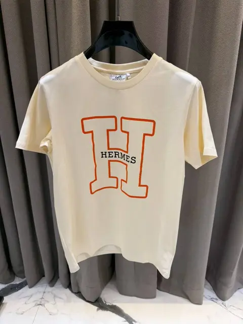 Hermes Middle Brand Print Round Neck T-shirt Cream