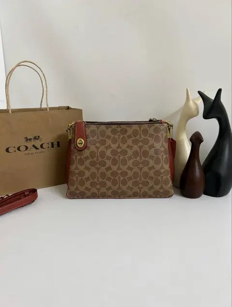 Coach Double Zip Signature Canvas Leather ShoulderBag With CarryBag DustCover