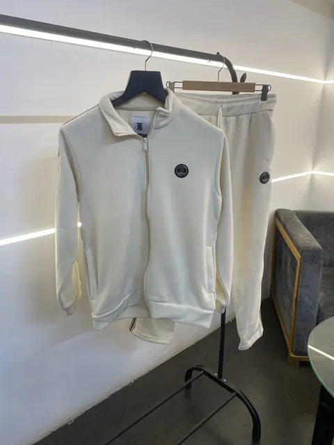 Burberry heavy gsm zipper track suit with premium steel logo and brand strip cream