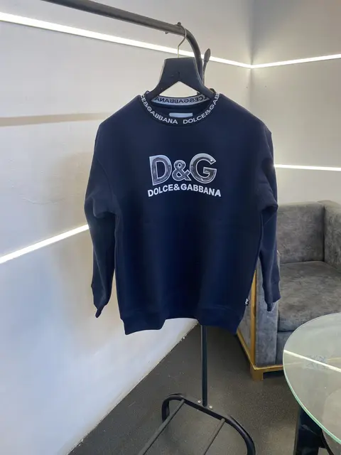 Dolce Gabana heavy gsm fleece fabric round neck sweatshirt with imported brand gloss print on front with knitted collar strip navy blue
