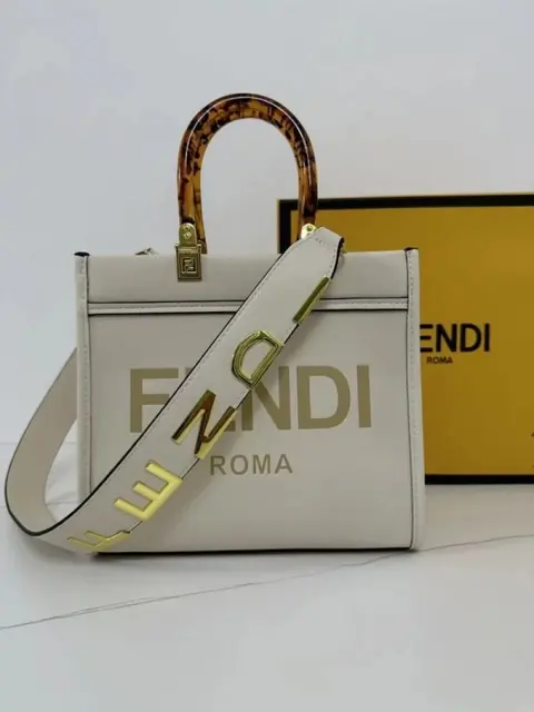 Fendi Roma Sunshine Small Tote Bag With Dust Bag & Shoulder Strap (White-981)