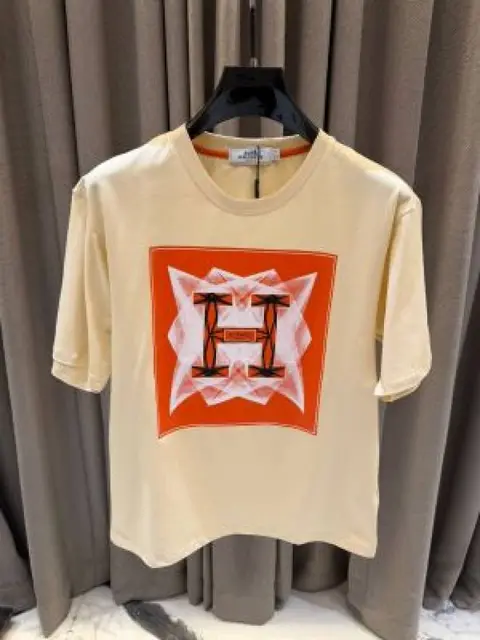 Hermes Middle Brand Print Round Neck T-shirt Cream