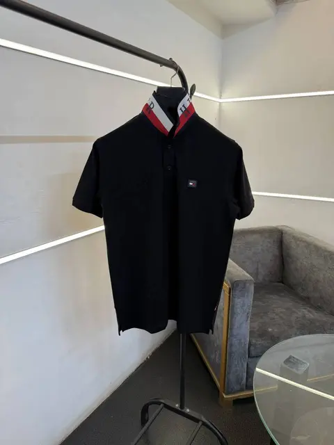 Tommy hilfigar steel logo matty cotton imported polo tshirt with brand collar black sale