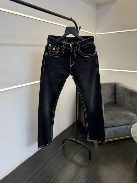 True religion hyperflex dark grey imported denim with brand button and playboy embroidery logo on back pocket
