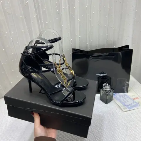 Ysl Saint Laurent Paris Gold Patent Leather Monogram Cassandra Sandals Heel With OG Box Dust Bag & Carry Bag