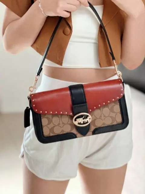 Coach Georgie Signature Shoulder Bag With OG Box & Dust Bag (Red-132)