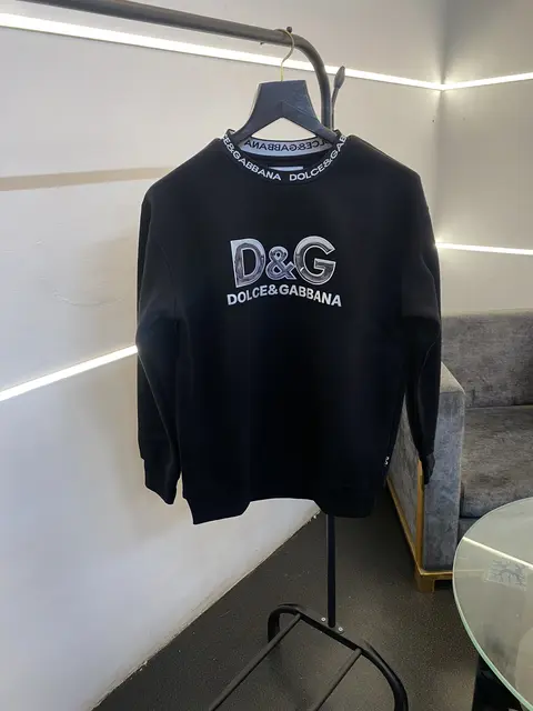 Dolce Gabana heavy gsm fleece fabric round neck sweatshirt with imported brand gloss print on front with knitted collar strip black
