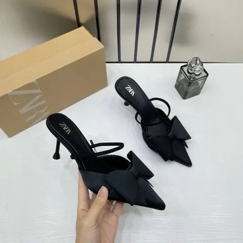 Zarra Women Black PU Bow-Detail High-Heeled Mules With OG Box Black 6528-5