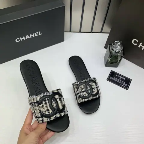 Chanel Tweed Fabric Slide Sandals With OG Box & Carry Bag Black CC Logo 1892