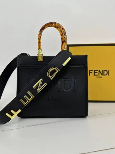 Fendi Roma Sunshine Small Tote Bag With Dust Bag & Shoulder Strap (Black-980)