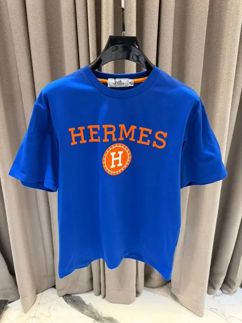 Hermes Middle Brand Print Round Neck T-shirt Dark Blue