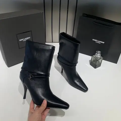Ysl Saint Laurent Niki Leather High Heeled Ankle Boots With The YSL Logo With OG Box Dust Cover & Carry Bag B2 Black