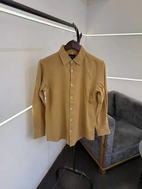 Hugo bos biscuit imported linen fabric shirt with embroidery logo