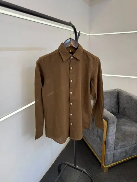 Hugo bos brown imported linen fabric shirt with embroidery logo