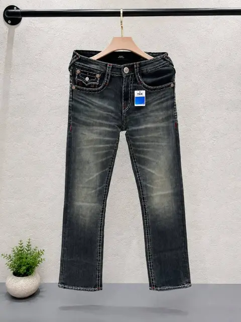 True Religion Blue Shade Straight Fit Premium Imported Fabric Denim with Back Flap pockets and Embroidered work 4535