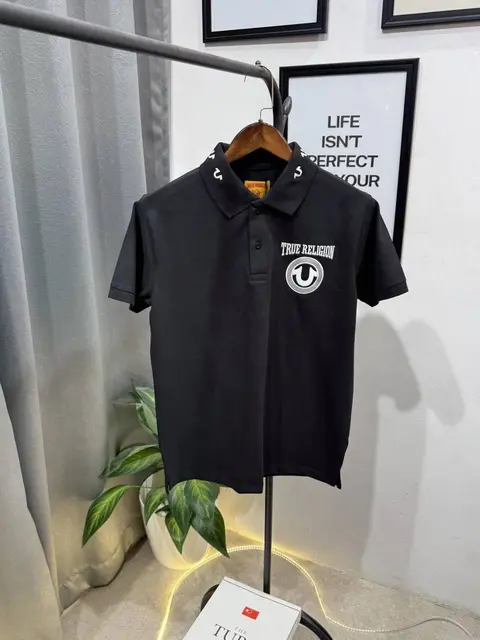 True religion embroidery logo imported polo tshirt black