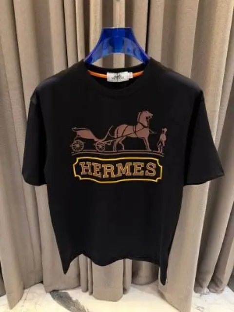 Hermes Middle Brand Print Round Neck T-shirt Black