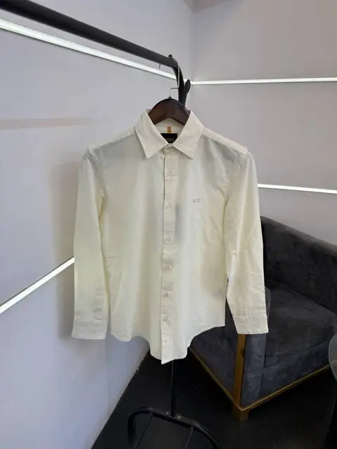 Hugo bos cream imported linen fabric shirt with embroidery logo