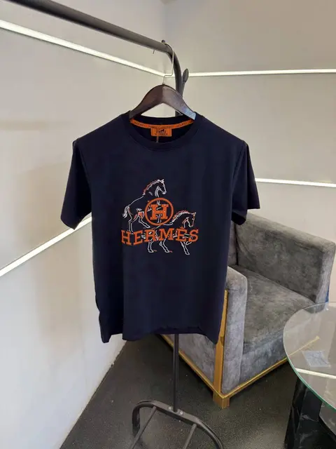 Hermes turkey imported patch printing imported round neck tshirt navy blue