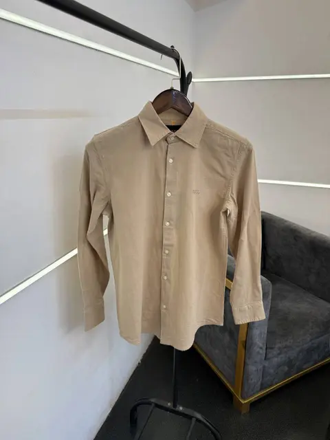 Hugo bos beige imported linen fabric shirt with embroidery logo
