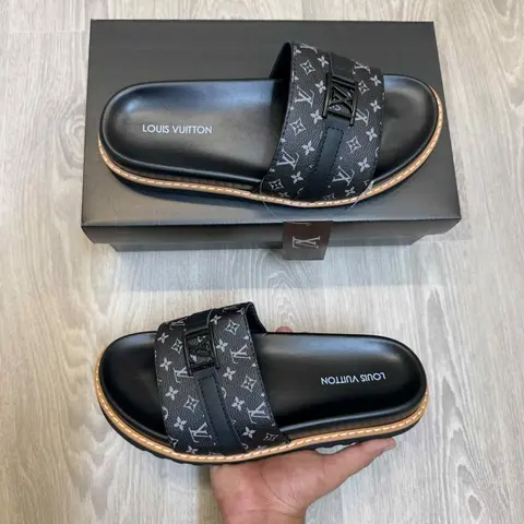 Louis Vuitton Monogram Leather Strap LV Logo Buckle Premium Black Slides