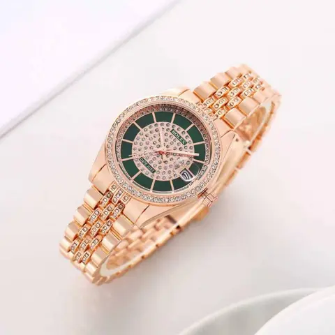 Rolex Ladies Crystal Date Just Quartz Rose-Gold Green