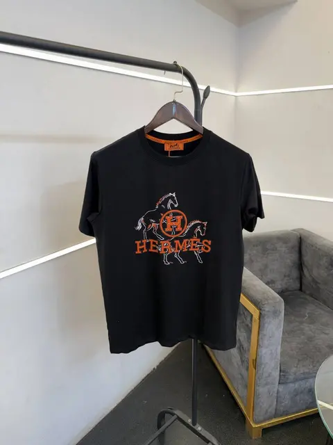 Hermes turkey imported patch printing imported round neck tshirt black