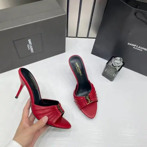 Ysl Saint Laurent Babylone Red Stiletto Mules Gold-tone Cassandre logo Detail With OG Box & Carry Bag A1 Red