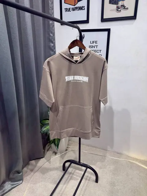 True religion drop shoulder hooded imported tshirt beige