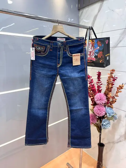 True Religio n Dark Shade Premium Imported Stretchable Lycra Fabric Boot Cut Back Flap pocket Design Denim with Brand Box and Carry Bag 3553