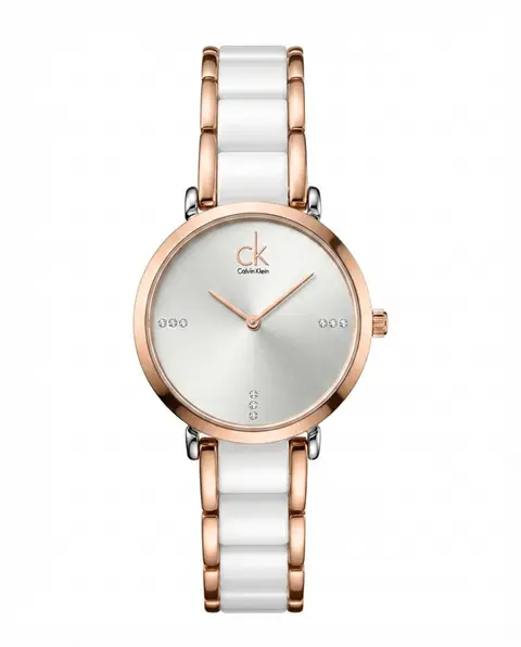 Calvin Kleii n minimalist Rose Gold Two Tone white Dail