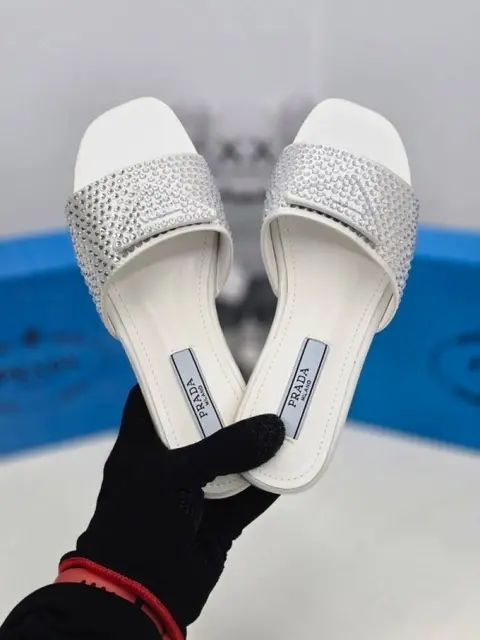 Prada Crystal Diamond Rhinestone Slides With OG Box & Dust Bag (White - 900)