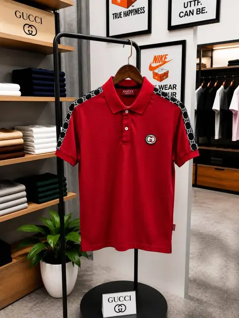Gucci imported polo tshirt with brand shoulder strip and embroidery logo red