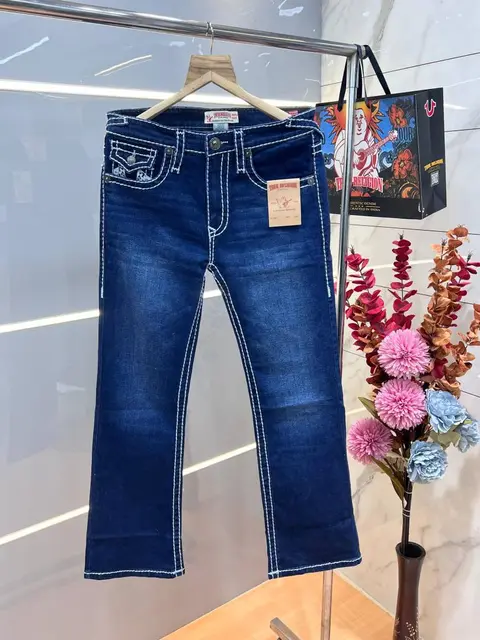 True Religio n Dark Shade Premium Imported Stretchable Lycra Fabric Boot Cut Back Flap pocket Design Denim with Brand Box and Carry Bag 3550