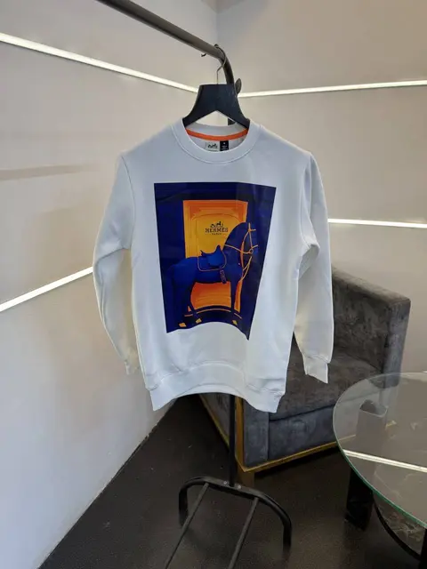 Hermes white imported graphic print cotton fleece sweatshirt
