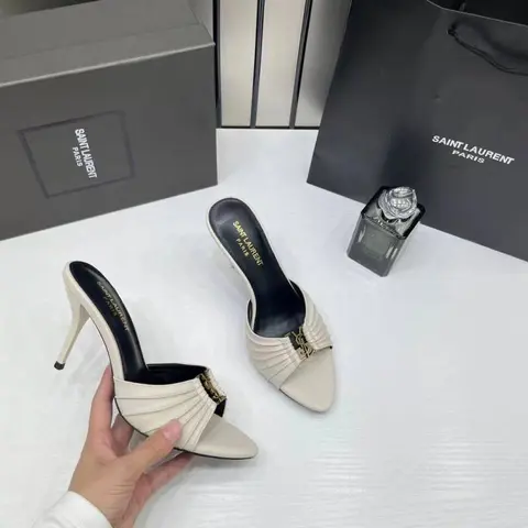 Ysl Saint Laurent Babylone Nude Apricot Stiletto Mules Gold-tone Cassandre logo Detail With OG Box & Carry Bag A1 Nude Apricot