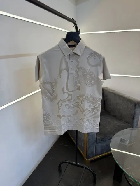 Louis Vuitton embossed and laser print imported polo tshirt beige