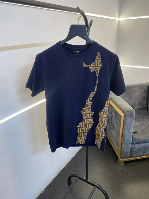 Fendi roma monogram leather patch round neck tshirt navy blue