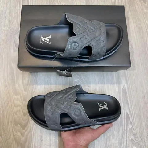 Louis Vuitton Oasis Mule Embossed Monogram Grey Black Slides