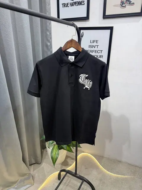 Chrome heart turkey imported polo tshirt with patch and embroidery and brand button black