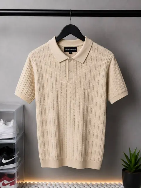 Emporio Arma Textured Knit Polo T-Shirt Beige 1127. Sale-offer VS1000