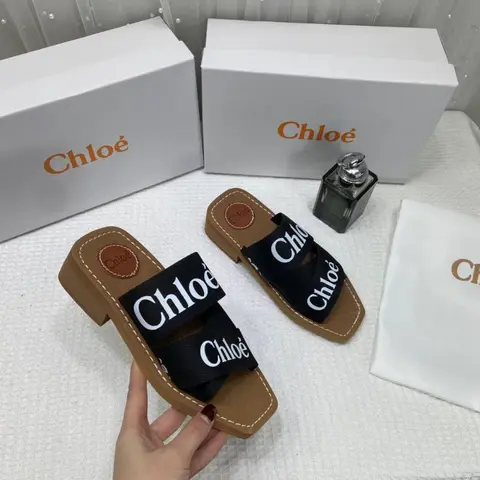 Chloe Premium Woody Mid Heel Slides With OG Box Dust Cover Black CH19