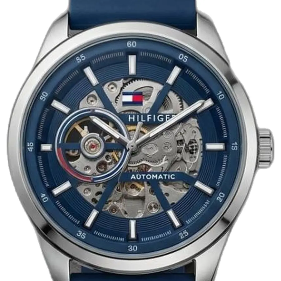 Tommy Hilfige r Automatic Silicon Black-Silver-Blue - dial close-up